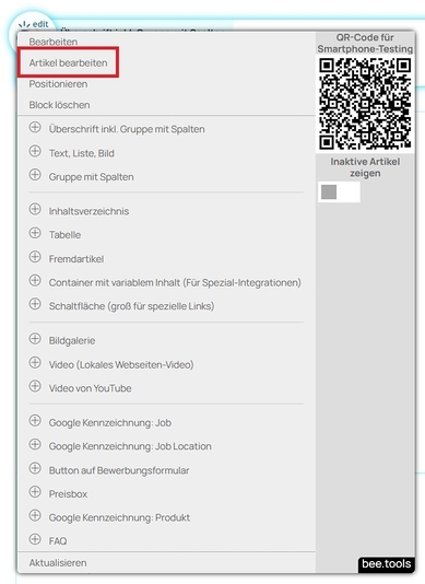 FEE Kontextmenue Artikel bearbeiten