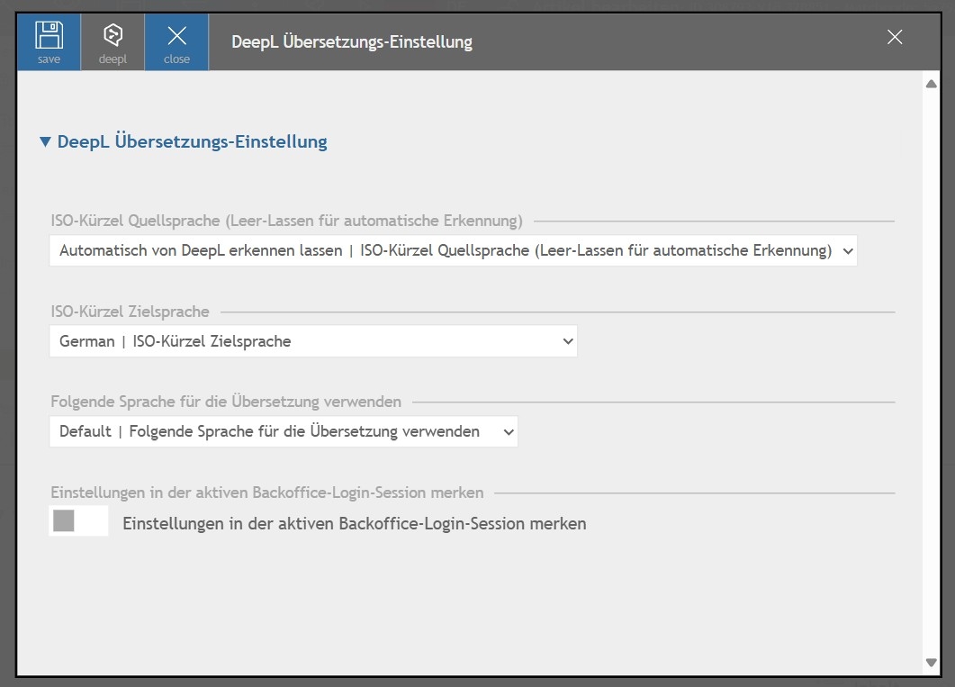 Das Bild zeigt die Einstellungen für die DeepL Übersetzungsanwendung, einschließlich der Auswahl von Quell- und Zielsprache sowie Optionen für die Übersetzung.